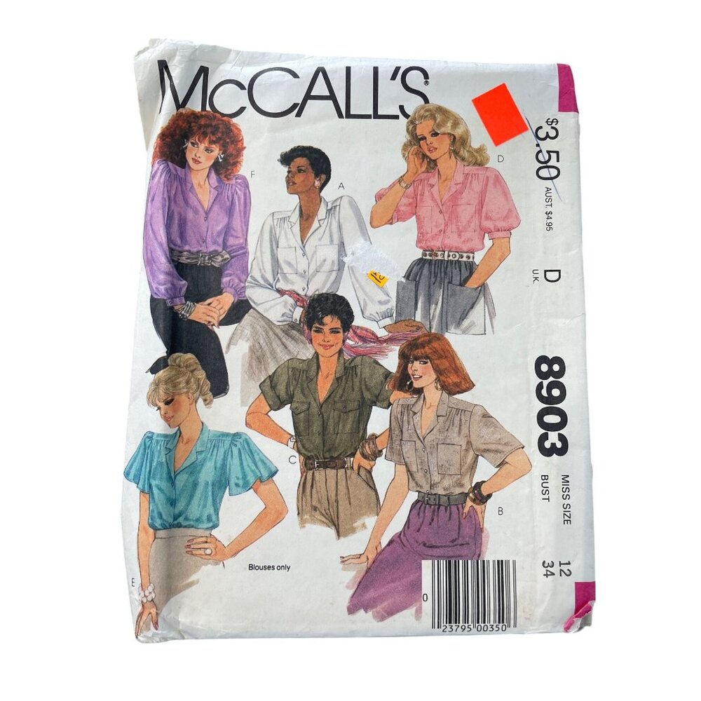 80s McCalls 8903 Sewing Pattern Misses Blouses Size 12 Bust 34 16 Pieces UNCUT
